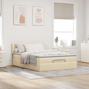 vidaXL Łóżko Ottoman z materacem i diodami LED kremowe 140x190 cm 4