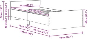 vidaXL Rama łóżka bez materaca, dąb artisan, 75x190 cm 10