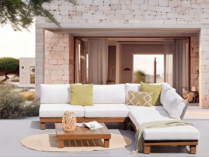 Beliani Narożnik ogrodowy ze stolikiem dla 5 osób SANZA Lewostronny Modułowy Metal Biały 2