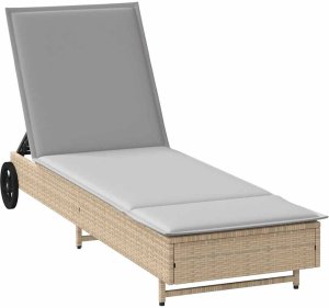 vidaXL Leżak na kółkach, z poduszką, beżowy, polirattan 2