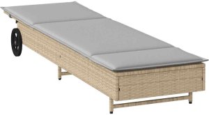 vidaXL Leżak na kółkach, z poduszką, beżowy, polirattan 4