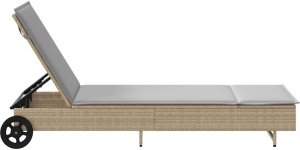vidaXL Leżak na kółkach, z poduszką, beżowy, polirattan 7