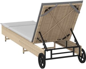 vidaXL Leżak na kółkach, z poduszką, beżowy, polirattan 8