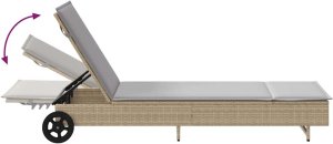 vidaXL Leżak na kółkach, z poduszką, beżowy, polirattan 9