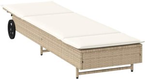 vidaXL Leżak na kółkach, z poduszką, beżowy, polirattan 4