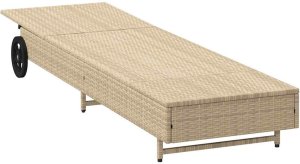 vidaXL Leżak na kółkach, z poduszką, beżowy, polirattan 5