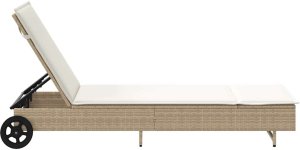 vidaXL Leżak na kółkach, z poduszką, beżowy, polirattan 7