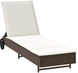vidaXL Leżak na kółkach, z poduszką, brązowy, polirattan 2