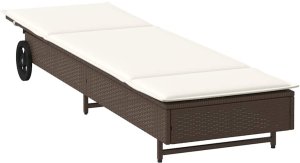 vidaXL Leżak na kółkach, z poduszką, brązowy, polirattan 4