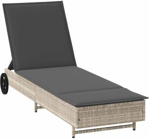 vidaXL Leżak na kółkach, z poduszką, jasnoszary, polirattan 2