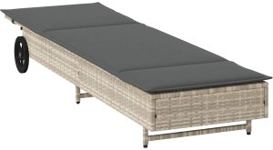 vidaXL Leżak na kółkach, z poduszką, jasnoszary, polirattan 4