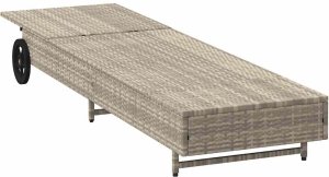 vidaXL Leżak na kółkach, z poduszką, jasnoszary, polirattan 5