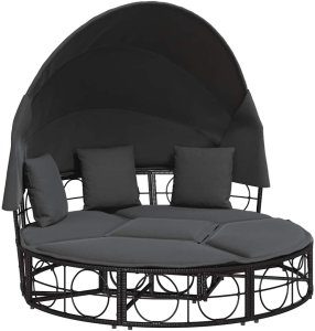 vidaXL Leżanka ogrodowa, z baldachimem i poduszkami, czarna, rattan PE 2