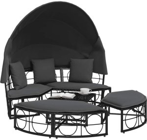 vidaXL Leżanka ogrodowa, z baldachimem i poduszkami, czarna, rattan PE 4
