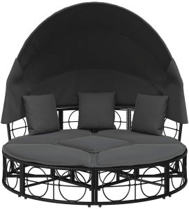 vidaXL Leżanka ogrodowa, z baldachimem i poduszkami, czarna, rattan PE 6