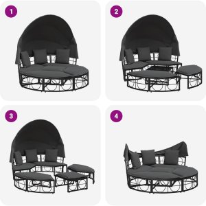 vidaXL Leżanka ogrodowa, z baldachimem i poduszkami, czarna, rattan PE 9