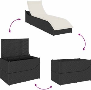 vidaXL Składany leżak z poduszką i schowkiem Czarny polirattan 9