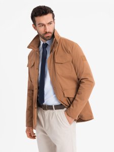 Lekka kurtka męska z kieszeniami i wysokim kołnierzem  brązowa V5 OM-JALP-0167 S 4