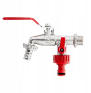 Zestaw – kran 1/2" podwójny z wyjściami na GZ 3/4" +  wtyk na wąż 1/2" + nypel do szybkozłącza – mauser (40) 1