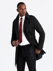 Elegancki płaszcz męski trencz SLIM FIT z paskiem  czarny V2 OM-COSC-0126 XXL 1
