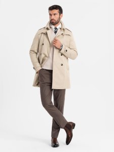 Elegancki męski płaszcz trencz SLIM FIT z paskiem  beżowy V1 OM-COSC-0126 XXL 1