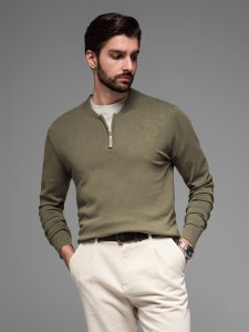 Sweter męski z wiskozą i rozpinanym dekoltem  oliwkowy V1 OM-SWZS-0124 XXL 1