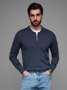 Sweter męski z wiskozą i rozpinanym dekoltem  granatowy V4 OM-SWZS-0124 S 1