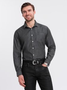 Męska jeansowa koszula z haftowaną kieszonką  czarna V2 OM-SHDS-0181 M 1