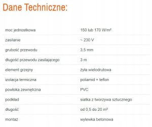 Thermoval Mata grzejna TV TO 50 170W/m2, 9m2, zasilanie jednostronne 230V 3
