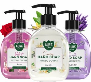 AURA Zestaw 3x300 ml Care Mydło Do Rąk Z Dozownikiem Lawenda Róża Wanilia 3