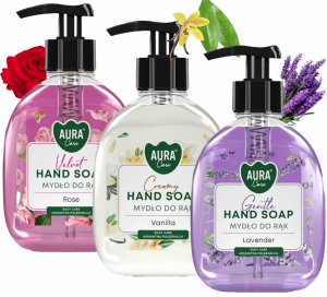 AURA Zestaw 3x300 ml Care Mydło Do Rąk Z Dozownikiem Lawenda Róża Wanilia 4