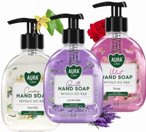 AURA Zestaw 3x300 ml Care Mydło Do Rąk Z Dozownikiem Lawenda Róża Wanilia 5