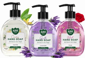 AURA Zestaw 3x300 ml Care Mydło Do Rąk Z Dozownikiem Lawenda Róża Wanilia 6
