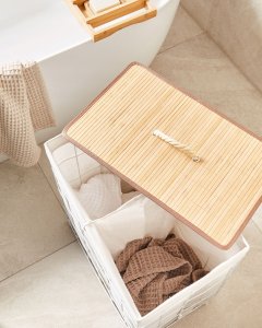 Beliani Kosz metalowy z bambusową pokrywą biały MIRISSA 4