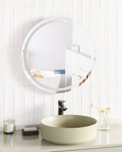 Lustro Beliani Lustro łazienkowe LED BROGNON 60 cm 60 cm Wbudowany głośnik Bluetooth Srebrny 4