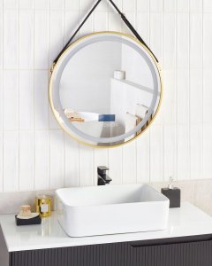 Lustro Beliani Lustro łazienkowe LED DAROIS 60 cm 60 cm Wbudowany głośnik Bluetooth Złoty 4