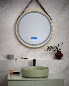 Lustro Beliani Lustro łazienkowe LED DAROIS 60 cm 60 cm Wbudowany głośnik Bluetooth Złoty 9