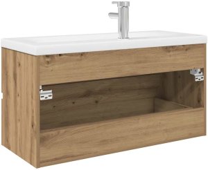 vidaXL Szafka pod umywalkę z wbudowaną umywalką i baterią dąb artisan 8