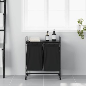 Kosz na pranie vidaXL Kosz na pranie 2 przegrody z kółkami, czarny dąb 3