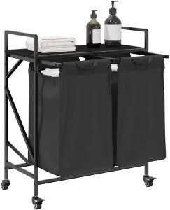 Kosz na pranie vidaXL Kosz na pranie 2 przegrody z kółkami, czarny dąb 4