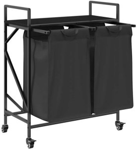 Kosz na pranie vidaXL Kosz na pranie 2 przegrody z kółkami, czarny dąb 5