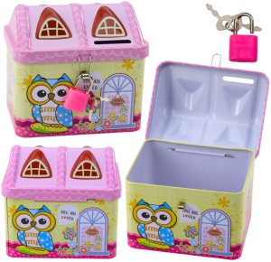 LeanToys Skarbonka Metalowa Domek Sowa Kłódka Kluczyki Różowa 2