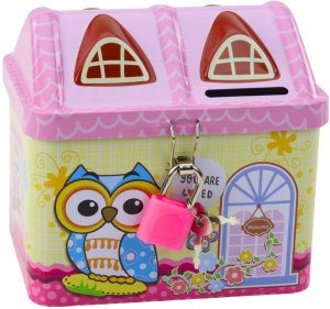 LeanToys Skarbonka Metalowa Domek Sowa Kłódka Kluczyki Różowa 4