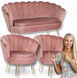 Zestaw Sofa Różowa i 2 Fotele Muszelka Meble Wypoczynkowe Glamour Złote 1