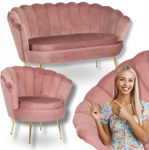 Zestaw Sofa Różowa i Fotel Różowy Muszelka Meble Wypoczynkowe Glamour Złote 1