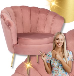 Fotel Wypoczynkowy Muszelka ANGEL Welurowy Różowy Złote Nogi Glamour 1