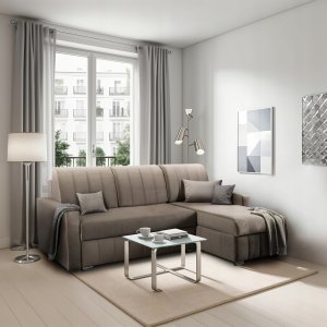 Mebel Elite Narożnik Rozkładany z Funkcją Spania Do Salonu Rogówka Welurowy Beżowy LUMO 2