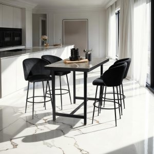 Krzesło barowe Luana, z oparciem, wygląd aksamitu - czarny/czarny, Zestaw 2 sztuk 2