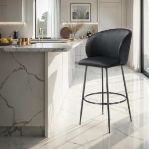 Krzesło barowe Luana, z oparciem, wygląd aksamitu - czarny/czarny, Zestaw 2 sztuk 3