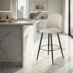 Krzesło barowe Sachel z oparciem, wygląd aksamitu - kremowy/czarny, Zestaw 6 sztuk 2